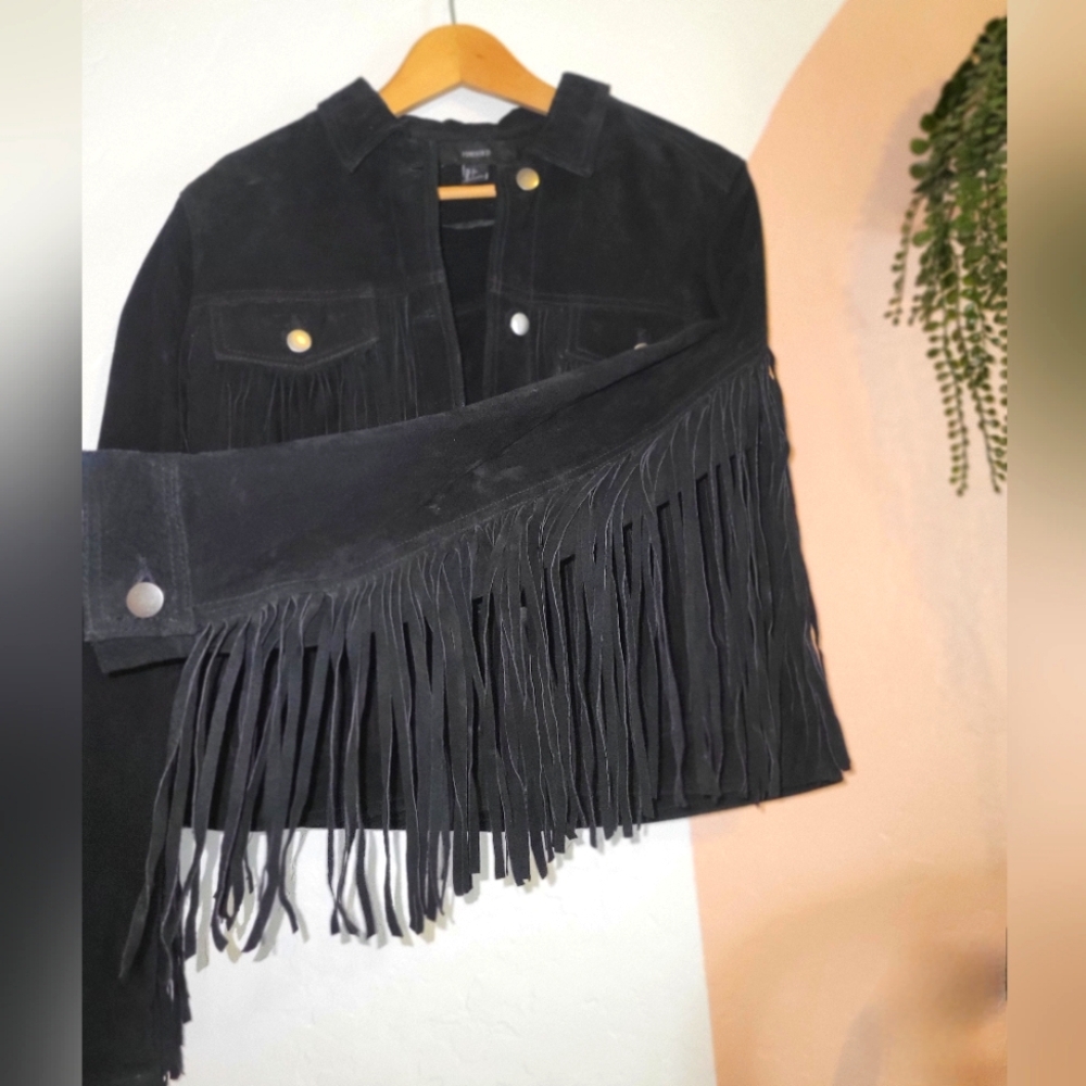 NWT Forever 21 | Lg Black Bohemian Genuine Leather Fringe Sleeved Jacket